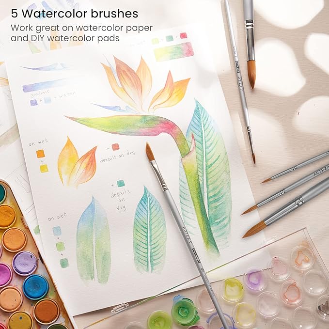 ARTEZA Watercolor Paint Brushes, Set of 5, Assorted Shapes, Synthetic Soft-Bristle Brushes