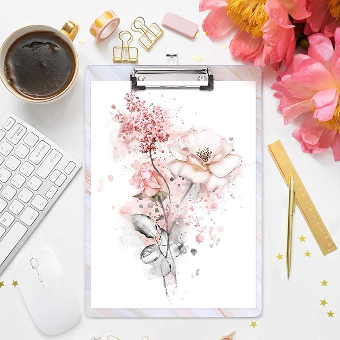 WAVEYU Marble Hardboard Office Clipboard, Decorative Clipboard with Low Profile Clip Chic Designed for Students Classroom School and Office Use, White (12.5"x9")