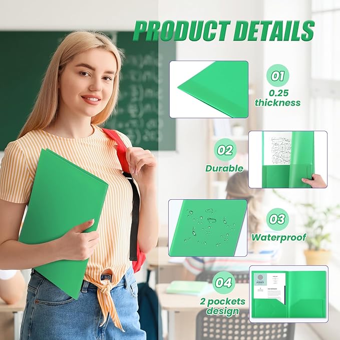 Gueevin 50 Pcs Plastic Folders with Pockets, Two Pocket Folder Fit Letter Size, Heavy Duty School Business Card Holder for Home Office School Bussiness, 11.61 x 9.45 Inches (Green)