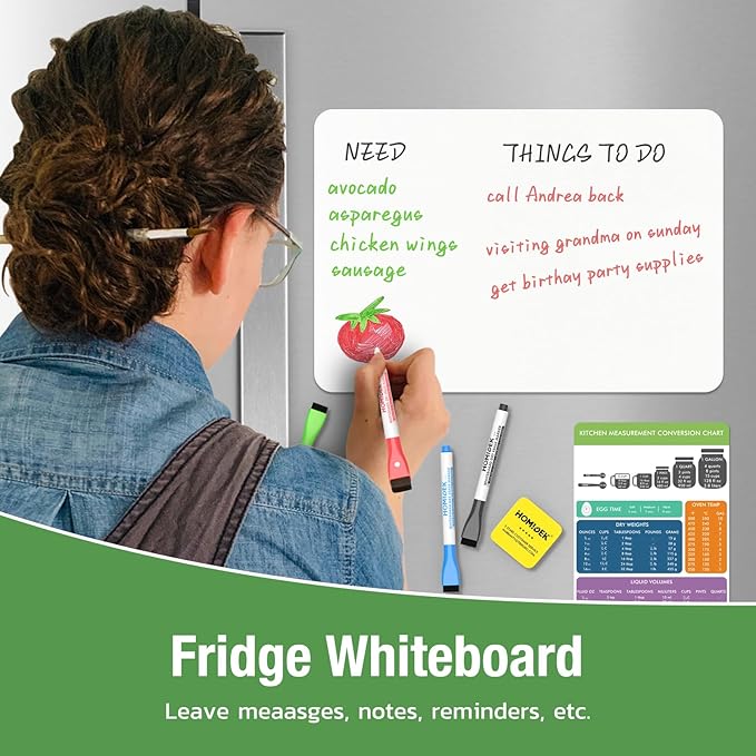 Magnetic Dry Erase Board: Large Fridge Whiteboard, Flexible Refrigerator Magnet White Board, Blank Writing Note Sheet with Kitchen Conversion Chart Magnet, 4 Markers & Eraser - 23 x 15