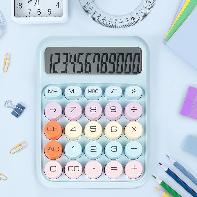 Mechanical Switch Calculator with Big Buttons, Calculators Desktop, 12 Digits, Large LCD Display, Desk Calculator, Cute Pink Calculator for Teachers Students Basic Office (Blue)