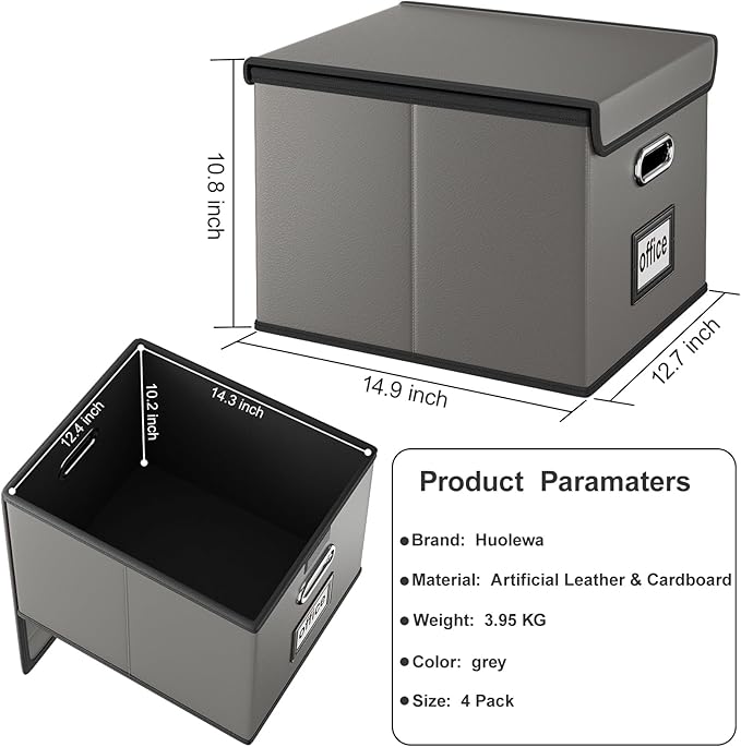 Huolewa Upgraded Portable Leather File Organizer Boxes with Lids, Office Document Boxes Organizer, Filing Boxes, Decorative Small File Boxes for Hanging Files with Plastic Slide for Office/Decor/Home