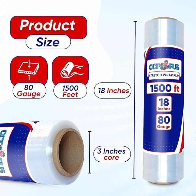 OCTOPUS Stretch Wrap, Industrial Strength 1 Roll Clear, 18” x 1500 feet, 80 Gauge (20 Micron), Heavy Duty Plastic Shrink Film for Packing, Wrapping, Bundling, Shipping, Pallets, and Moving Essentials