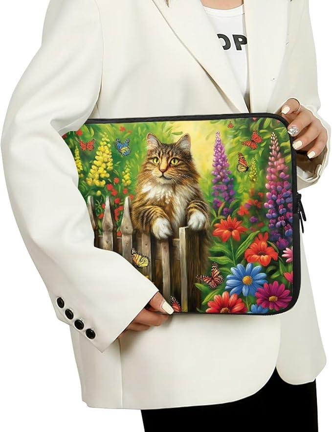 Cats Flower Printed Laptop Briefcase for Women Men, Waterproof 17 Inch Laptop Bag Messenger Bag Lightweight Laptop Case for Office Business Traveling Daily Use, Gift for Father