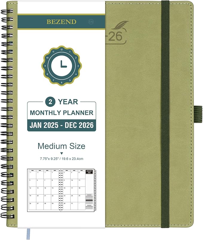BEZEND 2 Year Monthly Planner 2025-2026 Medium Size 7" x 9" (Jan 2025 - Dec 2026) Spiral Calendar Book with Tabs, 120 GSM Thick Paper, Storage Pockets & Notes, PU Leather Softcover in Kiwi