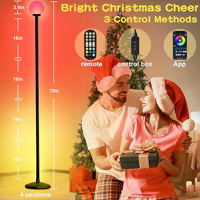 Corner Floor Lamp,70" Smart RGBW LED Corner Lamp with Glow Ball Light,16 Million Colors Changing Corner Lamp with Remote and App Control,Music Sync & Timing Smart Floor Lamp for Living Room