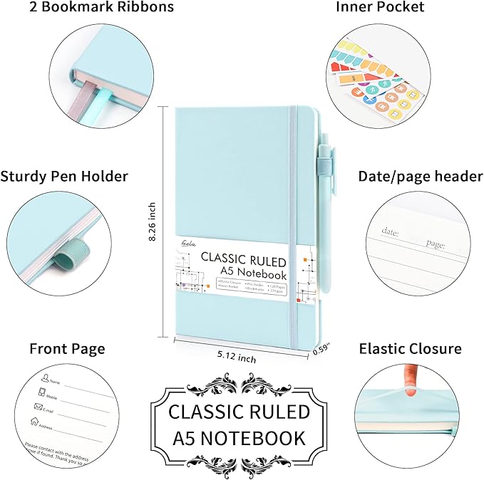 feela 12 Pack Notebooks Journals Bulk, Hardcover Notebook Classic Ruled Lined Journals with Pen Holder for Women Girls School Business Supplies, with 12 Black Pens, 120 GSM, 5.1”x8.3”, A5, Sky Blue
