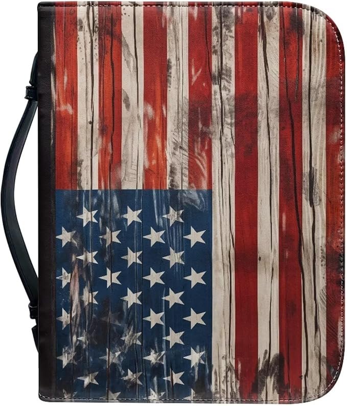 Lotusorchid American Flag Print Bible Case for Men, Zippered PU Bible Book Cover with Handle Pocket Portable Bible Cover Case Bible Cover Carrier Carrying Organizer Bag for Women, M