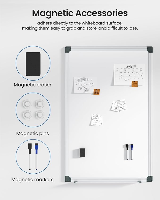 VUSIGN 6PCS Magnetic White Board Kit for Wall 36" x 24", 6 Dry Eraser & 12 Multicolor Markers & 24 Magnetic Pins, Sliver Reinforced Aluminum Frame for Home, School, Office