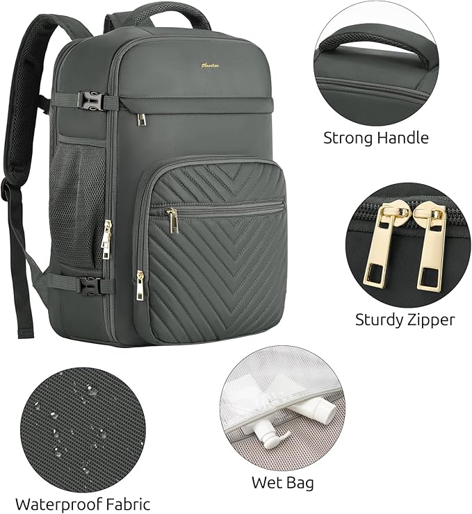 Travel Backpack for Women, Carry On Backpack for Airplanes Flight Approved, Waterproof Large Weekender Overnight Bag Fit 17 Inch Laptop with USB Charging Port, Olive Green