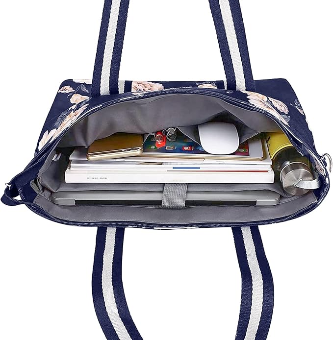 MOSISO Laptop Tote Bag for Women (17-17.3 inch), Canvas Camellia Multifunctional Work Travel Shopping Duffel Carrying Shoulder Handbag, Blue