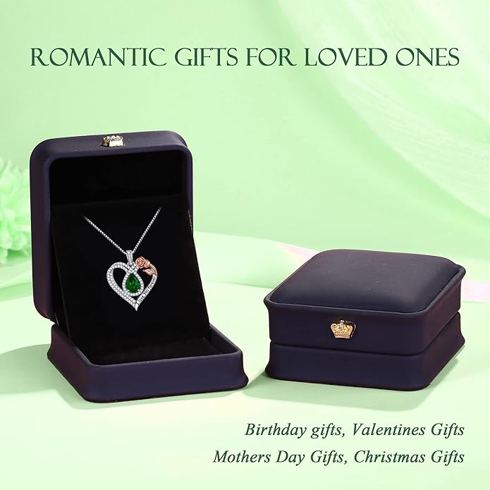 Hidepoo Christmas Gifts for Women Mom Wife - Sterling Silver Rose Heart Birthstone Necklace I Love You Forever Heart Pendant Teardrop Necklace Jewelry Anniversary Valentines Christmas Birthday Gifts