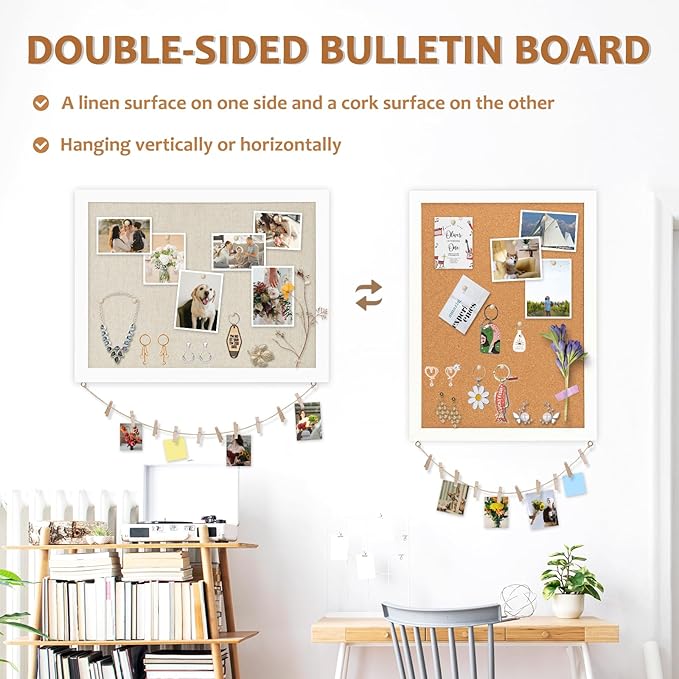 Double-Sided Large Cork Board with Linen, 24" x 18" Hanging Wood Framed Bulletin Board, Picture Display Vision Board Corkboards for Wall Room School Office Decor, 20 Pushpins,1pack