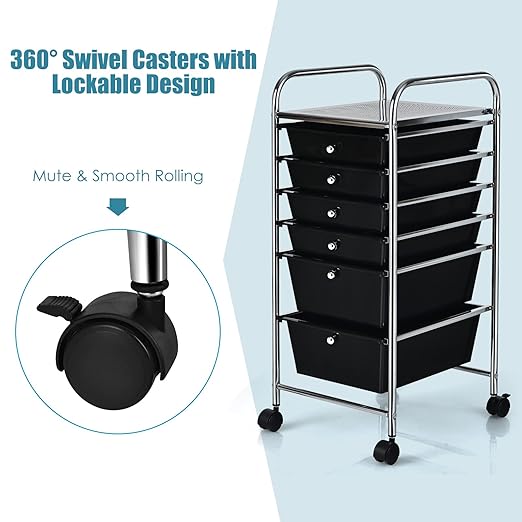 6-Drawer Rolling Storage Cart, Multifunctional Storage Organizer Cart with Wheels, Mobile Utility Cart for Home Office Garage Tools (Black)