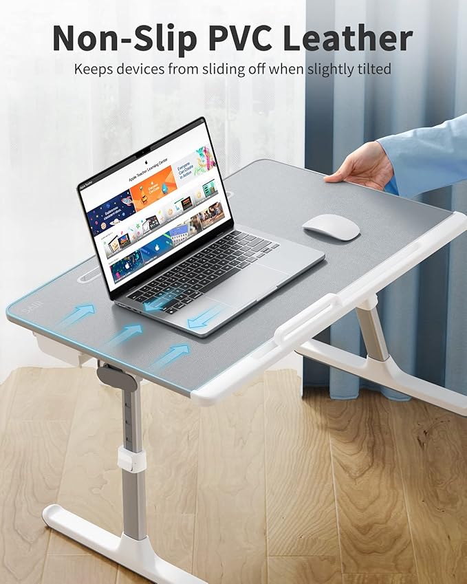 SAIJI Bed Desk for Laptop, XX-Large Leather Adjustable Foldable Laptop Bed Tray Desk, Super Sturdy Laptop Table Lap Desk for Bed, Sofa Couch Floor Maximum Size 17.7"*23.6"(Gray)