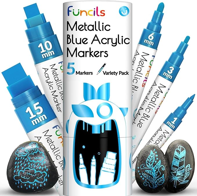5 Metallic Acrylic Blue Paint Pen - Extra Fine Tip, Thin & Jumbo (1mm, 3mm, 6mm, 10mm, 15mm) - Blue Paint Markers for Metal, Fabric, Plastic, Canvas, Wood, Rock Painting, Glass, Permanent Marker