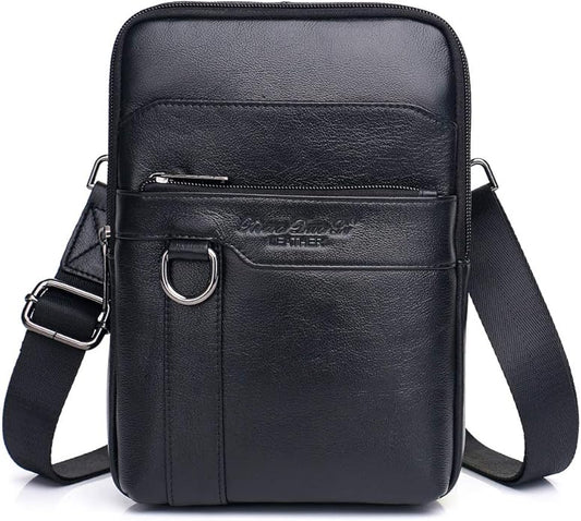 Hebetag Small Leather Sling Shoulder Bag Messenger Pack for Men Women Outdoor Travel Business