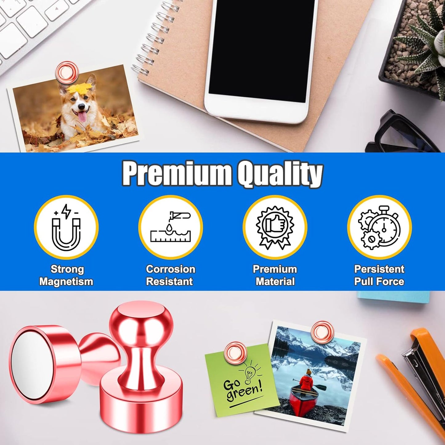 Strong Whiteboard Magnets, Refrigerator Magnetic Push Pins for Kitchen, Rose Gold Neodymium Magnets for Fridge, Office, Gadgets, Locker Accessories, Bulletin Board, 18 Pack