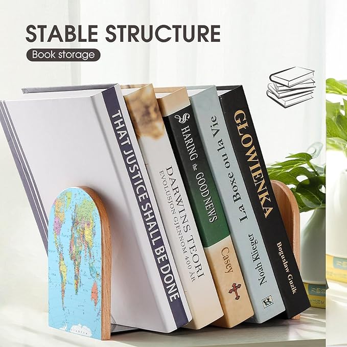2 Pack Wood Bookends, World Map Blue Non-Skid Book Ends for Heave Books, Decorative Bookends for Shelves Desk, Book Stoppers Book Holders for Home Office Library School