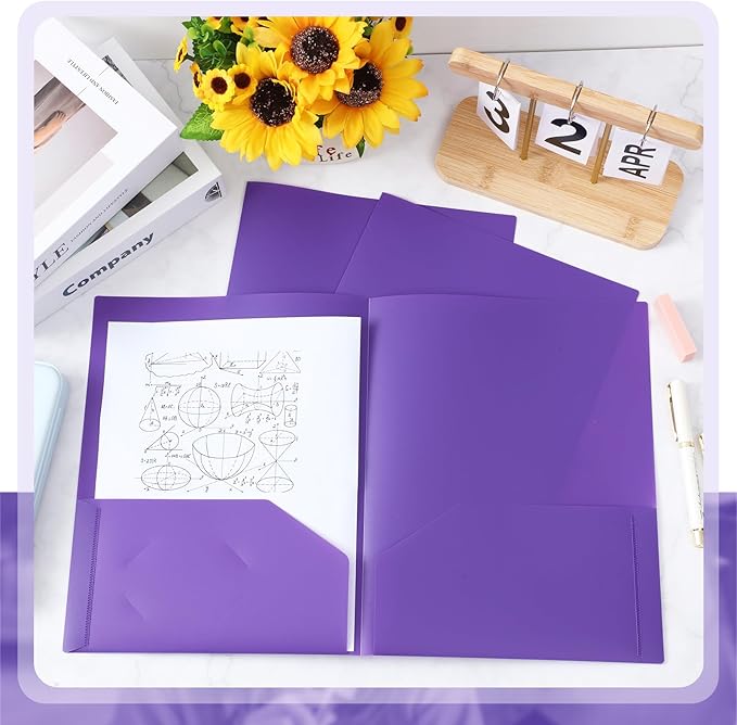 Gueevin 24 Pcs Plastic Folders with Pockets, Two Pocket Folder Fit Letter Size, Heavy Duty School Business Card Holder for Home Office School Bussiness, 11.61 x 9.45 Inches (Purple)