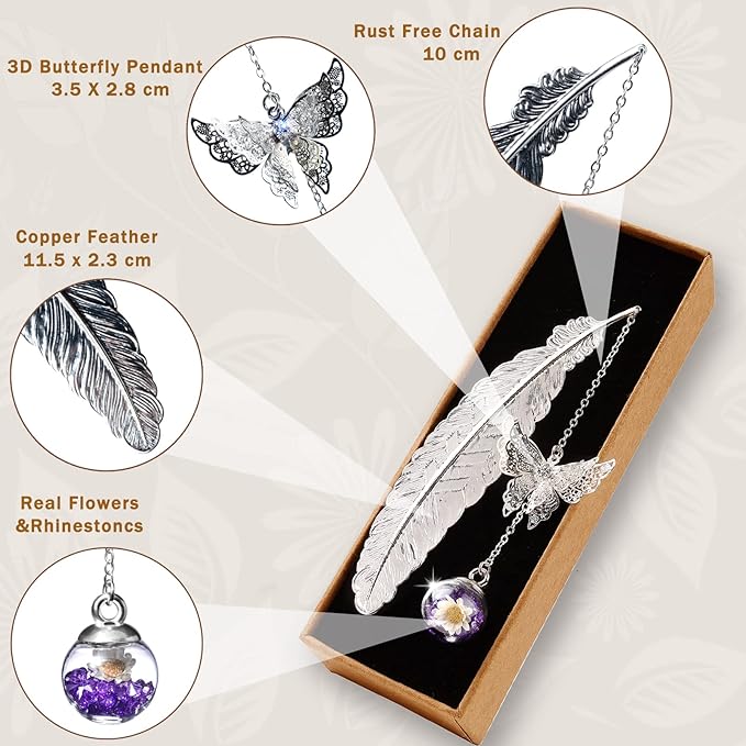 Toirxarn Silver Feather Bookmark with Butterfly Charm - Elegant Bookmarks for Women, Book Lovers Gifts, Book Marker for Reading, Teacher Appreciation Gifts, Unique Birthday Gifts, Stocking Stuffers