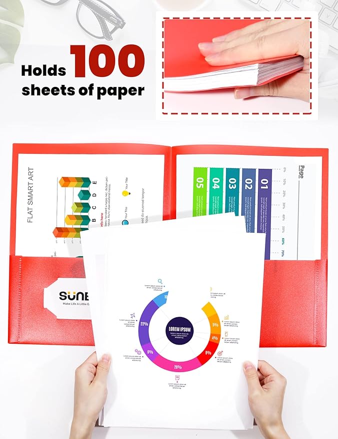 SUNEE 2 Pocket Folders (6 Pack, Red) Heavy-Duty Plastic Folders with Pockets, Fit 8.5x11 Letter Size Paper, 2-Pocket File Folders for Kids, Home, School, Office