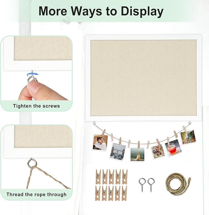 DOLLAR BOSS Cork Board Bulletin Board with Linen Double-Sided 30" x 20" Linen Corkboards for Walls Picture Display Vision Board for Office Home School Framed Picture Pin Board, 20 Pushpins 10 Clips