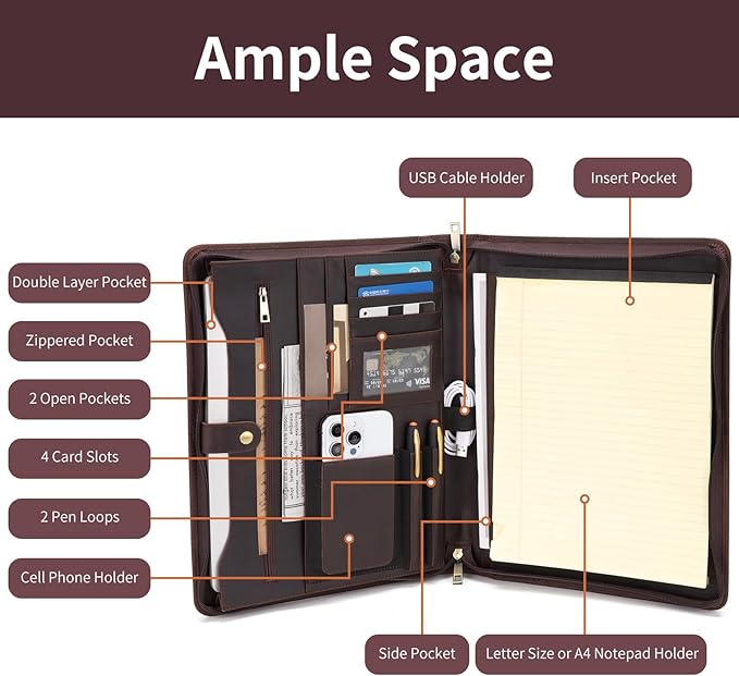 Genuine Leather Portfolio Binder, Zippered Padfolio for Men Women, Business Folio with 8.5” x 11” Notebook Holder and 13” Laptop Sleeve, Professional Executive Folder, Dark Brown