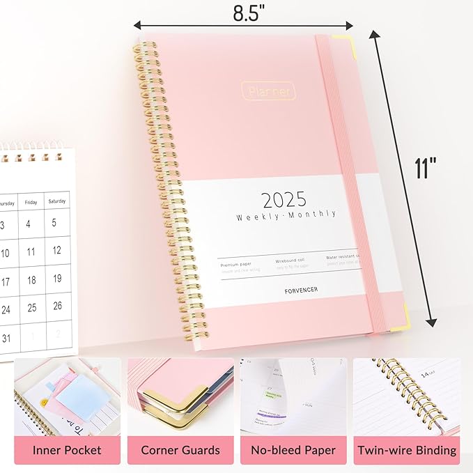 Forvencer 2025 Planner, Hardcover Weekly and Monthly Planner, January 2025 - December 2025, 8.5" x 11", Spiral Calendar Planner with Tabs, Exquisite Daily Organizer Notebook with Inner Pocket, Agenda Journal for Office Home School, A4 Size, Black