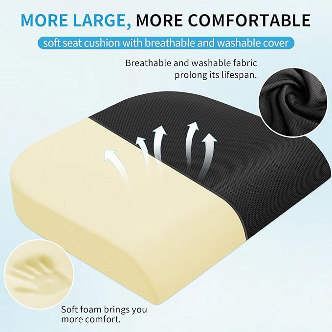 Large Seat Cushion, Soft Foam Cushion for Long Sitting Hours on Office Chair, Home & Car, Non-Slip Chair Pad for Relieving Back & Sciatica & Hip & Coccyx Pain (Black)