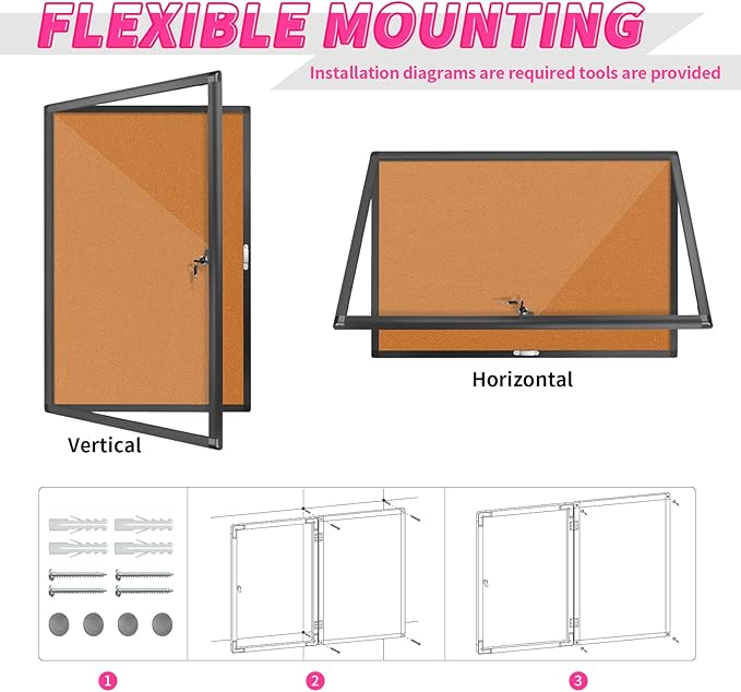 Outdoor Enclosed Bulletin Board, Weatherproof Cork Noticeboard with Clear Acrylic Locking Door, Wall-Mounted Black Aluminum Framed Display Case,36x24in (5xA4)
