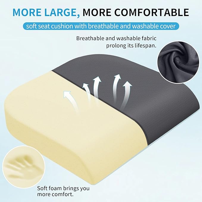 Large Seat Cushion，Soft Foam Cushion for Long Sitting Hours on Office Chair, Home & Car, Non-Slip Chair Pad for Relieving Back & Sciatica & Hip & Coccyx Pain (Grey)