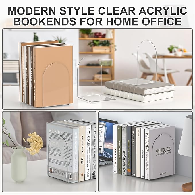 Acrylic Bookends 8 Pieces, Book Ends for Shelves, Clear Bookends for Book Shelves and Desktop Organizer, Transparent Bookends to Hold Books for Home Office Supplies
