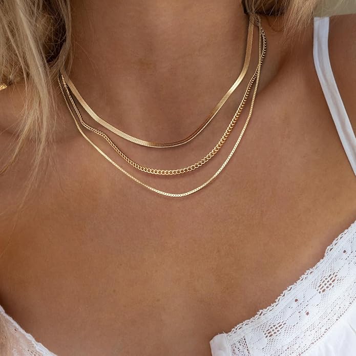 Herringbone Necklace for Women,Dainty Gold Necklace,14k Gold Plated Snake,Gold Chain Choker Necklaces,Simple Gold Layered Necklaces,Gold Jewelry Gift for Women