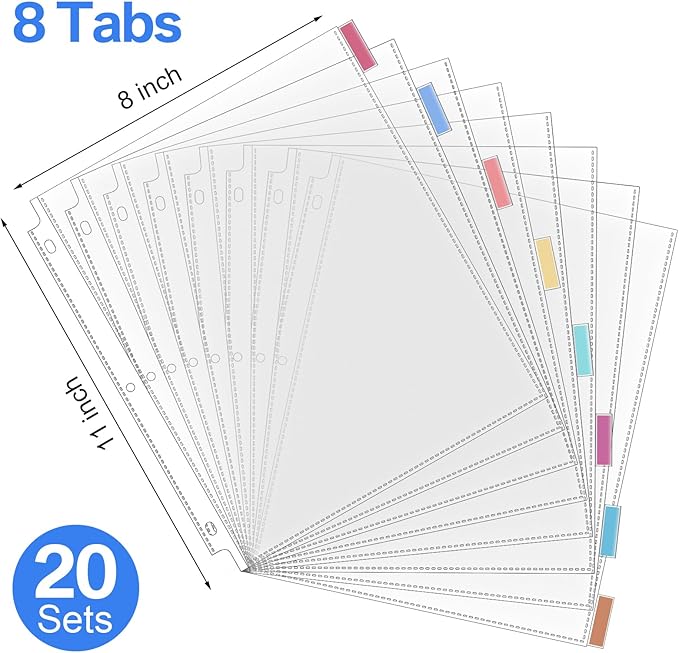 ReliThick 30 Set of 240 Pack Clear Binder Sheet Protectors with 8 Tabs Sturdy Binder Sheet Protectors for 3 Ring Plastic Page Insertable Index Divider, 8.5 x 11 Inch
