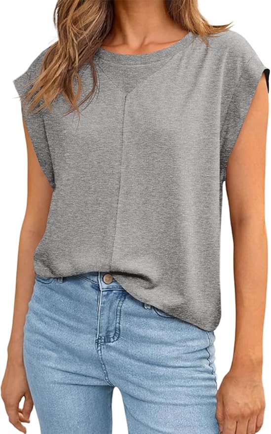 Tankaneo Womens Cap Sleeve Tank Tops Summer Casual Crew Neck T Shirts Loose Fit Basic Tee