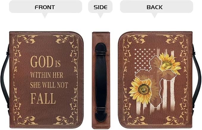 Lotusorchid Bible Case with Verse for Women Girls, Zippered PU Bible Book Cover with Handle Pocket Sunflower Pattern, Portable Durable Bible Cover Case Bible Cover Carrier Carrying Organizer Bag,2XL