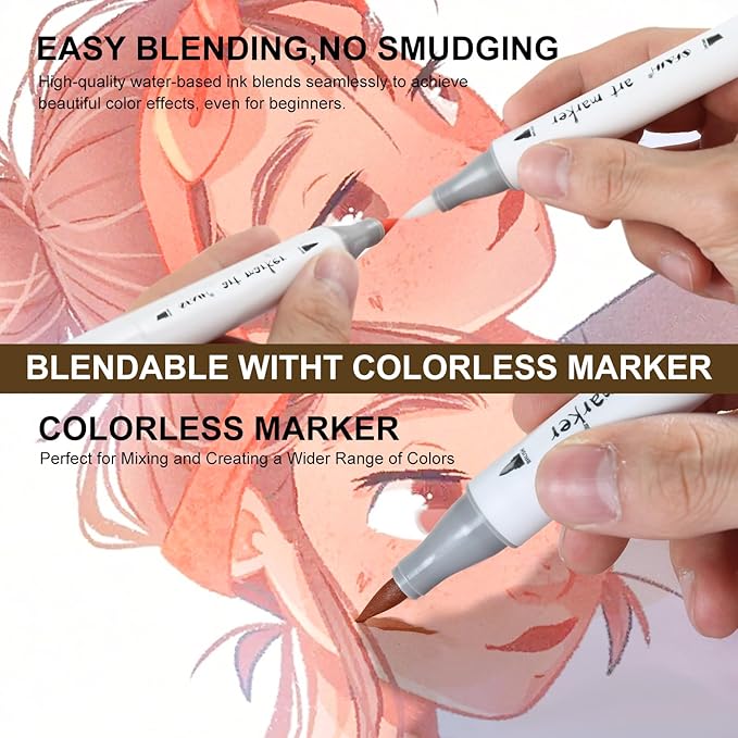 SFAIH Skin Tone Brush Tip Alcohol Markers - 12 Light Skin Colors Double Tipped Art Markers for Artist Adult Coloring Illustration, Gifts for Artist Adult, Dual Tip Brush & Chisel - Refillable Ink