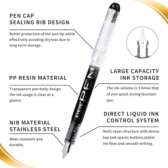 EYEYE Disposable Fountain Pens Fine Point, 8 Pack Black Calligraphy Pens for Writing, Stainless Steel Nib, Smooth Writing for Journaling, Drafting, Sketching, Doodling & Office Supplies