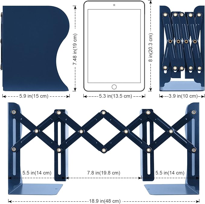 Adjustable Bookends, Heavy Duty Metal Book Ends for Book, 2 Dividers, Nonslip Book Stander for Desk, Shelf, Office, Stationery Gift, Extends up to 19 inches (Blue)