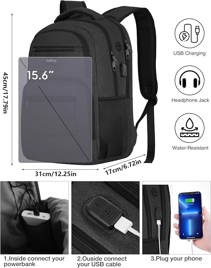 Laptop Backpack Men Book Bag for Women,School Backpacks for Teen Boys with USB Charger,Back Pack Anti Theft with 15.6 Inch Laptop Compartment for Business College High School,Black