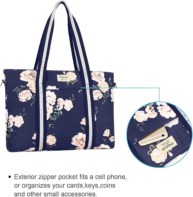 MOSISO Laptop Tote Bag for Women (17-17.3 inch), Canvas Camellia Multifunctional Work Travel Shopping Duffel Carrying Shoulder Handbag, Blue