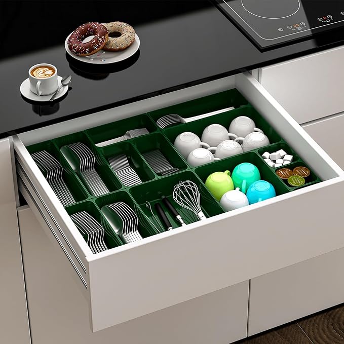 Utility Drawer Organizer Set of 13,With Non-Slip Silicone Pads, 5 Size Small Bins for Organization for Bathroom、Vanity、Nightstan、Kitchen、Office Desk Green Plastic Organizing Containers for Drawers