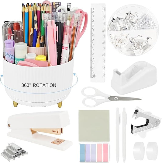 Rotating Desk Organizers and Accessories, 15pcs White Office Supplies Pen Holder for Desk Organizers and Accessories with White Stapler and Tape Dispenser Set, Cute Desk Accessories for Men Women Gift