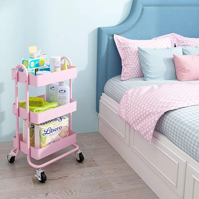 3-Tier Pink Utility Rolling Cart,Kitchen Storage Carts with Wheels,Pink Metal Rolling Cart for Office,Home,Kitchen,Garden（13.4"x18.1"x31"） Pink