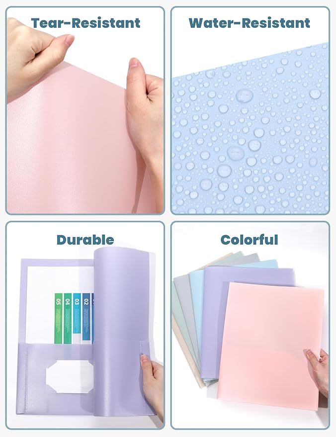 SUNEE 2 Pocket Folders (24 Pack, Pastel Colors) Heavy-Duty Plastic Folders with Pockets, Fit 8.5x11 Letter Size Paper, 2-Pocket File Folders for Kids, Home, School, Office
