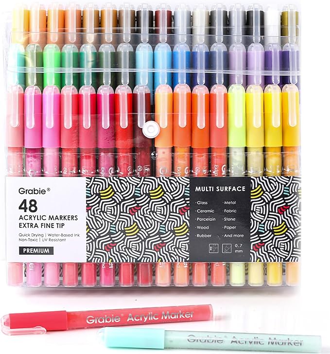 Grabie Premium Paint Pens - 48 Colors Art Supplies, Extra Fine Tip (0.7 mm) Acrylic Paint Markers for Various Surface