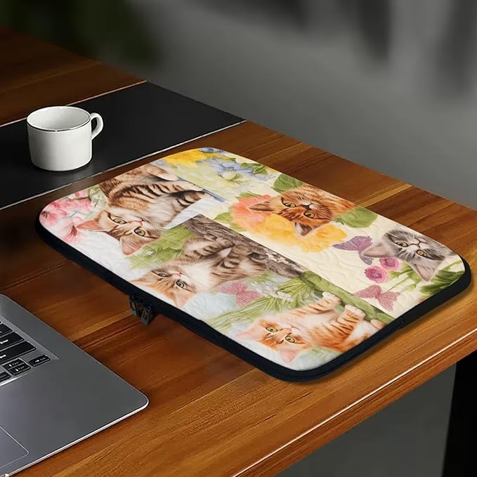 Cat Floral Printed Computer Case Bag for Girls Boys, Washable 15 Inch Laptop Bag Carrying Case Cute Laptop Briefcase Neoprene with Zipper, Compatible with Various Computers