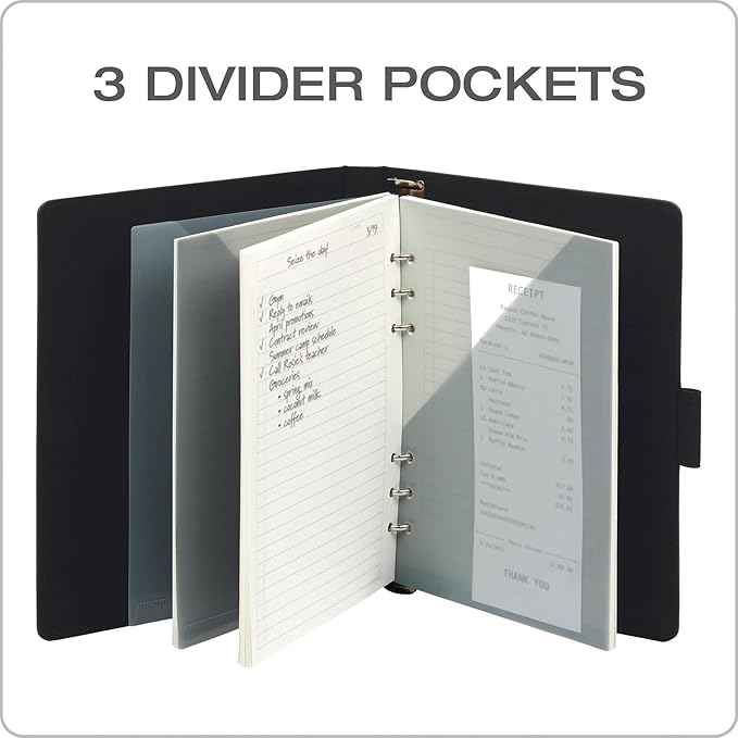 Oxford 6-Ring Professional Notebook, 7 x 9 Inch, Refillable Notebook, Writing Journal, Ivory Paper, 100 Sheets, Black Faux Leather Cover (90004)