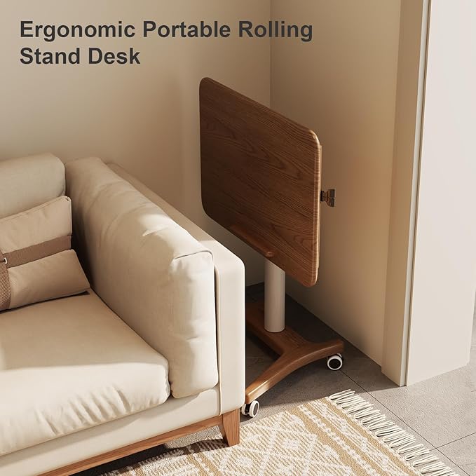Rolling Standing Desk,Rolling Desk Adjustable Height with Wheels Rolling Desk for Home Office, Bedroom,Couch（Walnut）